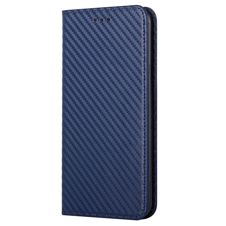 Carbon Fiber Texture PU Leather Case Auto Magnetic Closed Flip Stand Wallet Cover for Realme C21 - Blue