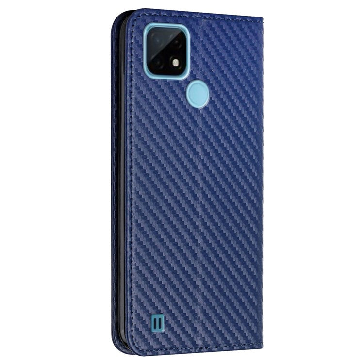 Carbon Fiber Texture PU Leather Case Auto Magnetic Closed Flip Stand Wallet Cover for Realme C21 - Blue