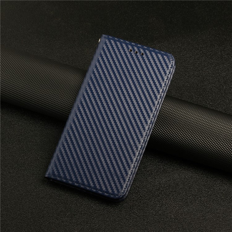 Carbon Fiber Texture PU Leather Case Auto Magnetic Closed Flip Stand Wallet Cover for Realme C21 - Blue