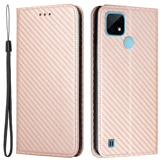Carbon Fiber Texture PU Leather Case Auto Magnetic Closed Flip Stand Wallet Cover for Realme C21 - Rose Gold