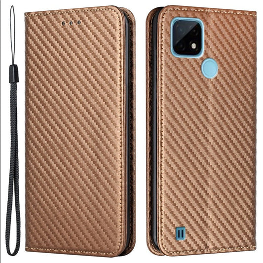 Carbon Fiber Texture PU Leather Case Auto Magnetic Closed Flip Stand Wallet Cover for Realme C21 - Brown