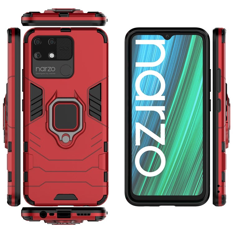 Dual Layer Soft Flexible TPU + Hard PC Anti-Slip Protective Cover with Ring Kickstand for Realme Narzo 50A - Red