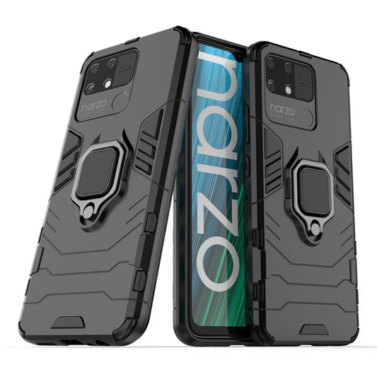 Dual Layer Soft Flexible TPU + Hard PC Anti-Slip Protective Cover with Ring Kickstand for Realme Narzo 50A - Black