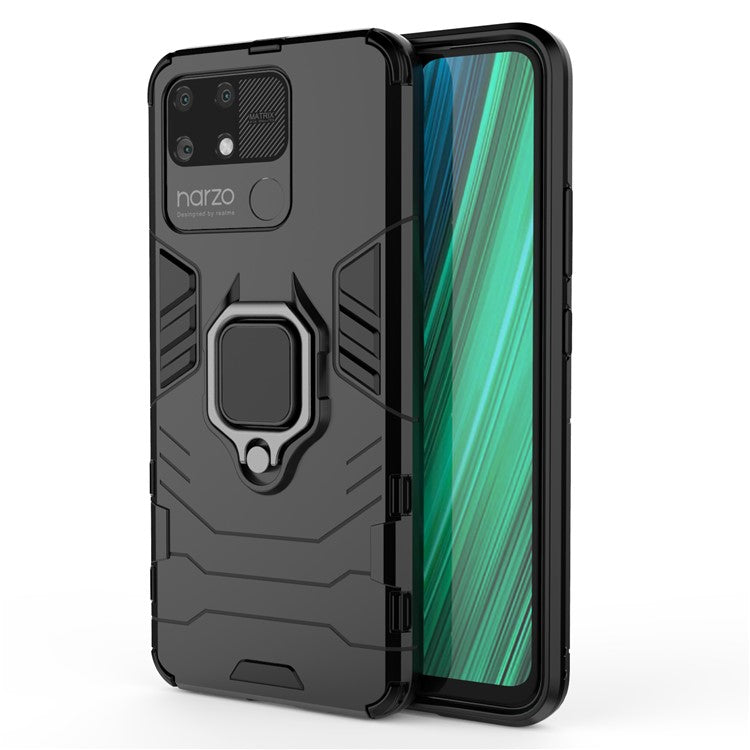 Dual Layer Soft Flexible TPU + Hard PC Anti-Slip Protective Cover with Ring Kickstand for Realme Narzo 50A - Black