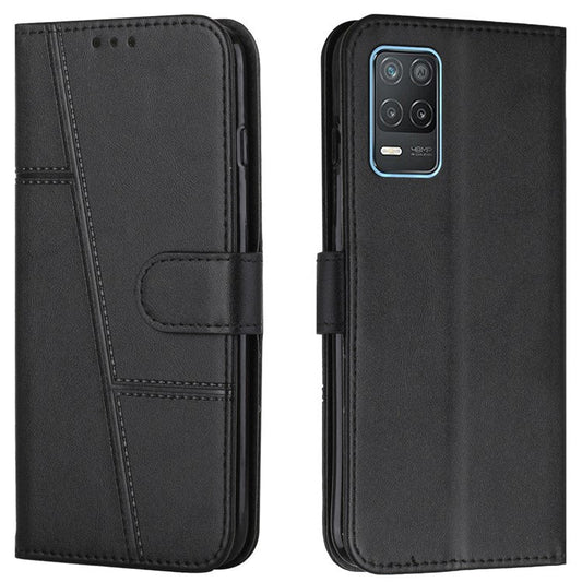 Splicing Leather Cover Horizontal Flip Stand Wallet Phone Case with Wrist Strap for Realme 8 5G/V13 5G/Narzo 30 5G - Black