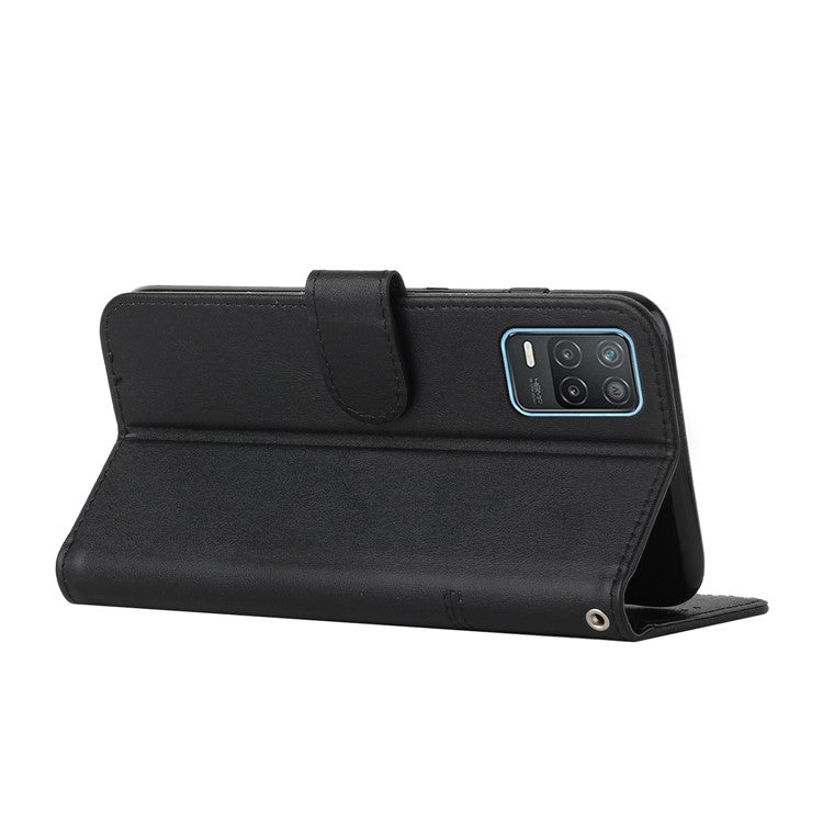 Splicing Leather Cover Horizontal Flip Stand Wallet Phone Case with Wrist Strap for Realme 8 5G/V13 5G/Narzo 30 5G - Black