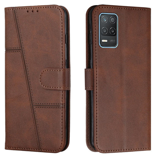 Splicing Leather Cover Horizontal Flip Stand Wallet Phone Case with Wrist Strap for Realme 8 5G/V13 5G/Narzo 30 5G - Brown