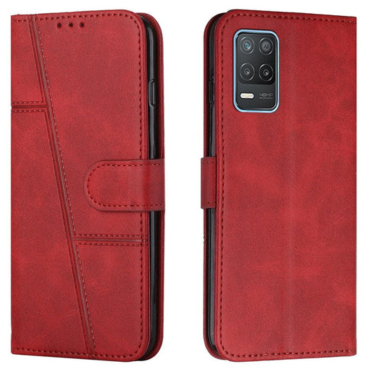 Splicing Leather Cover Horizontal Flip Stand Wallet Phone Case with Wrist Strap for Realme 8 5G/V13 5G/Narzo 30 5G - Red
