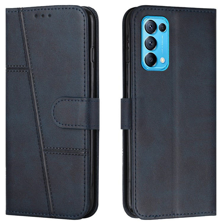 Stitching Lines Anti-fingerprint PU Leather Phone Protector Stand Wallet Cover Case for Oppo Reno5 4G/5G/Reno5 K/Find X3 Lite - Sapphire