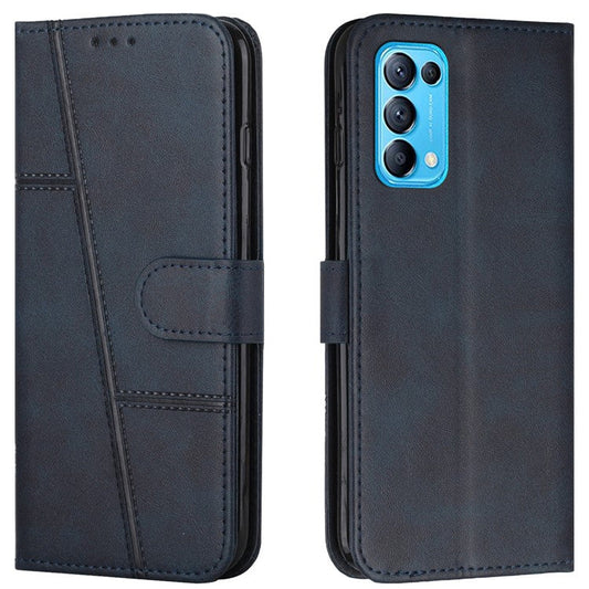 Stitching Lines Anti-fingerprint PU Leather Phone Protector Stand Wallet Cover Case for Oppo Reno5 4G/5G/Reno5 K/Find X3 Lite - Sapphire