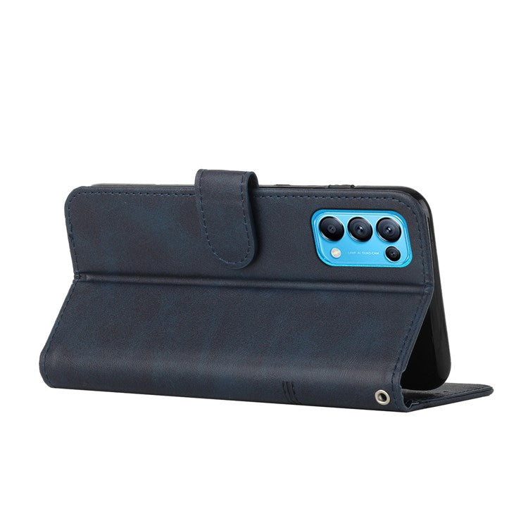 Stitching Lines Anti-fingerprint PU Leather Phone Protector Stand Wallet Cover Case for Oppo Reno5 4G/5G/Reno5 K/Find X3 Lite - Sapphire