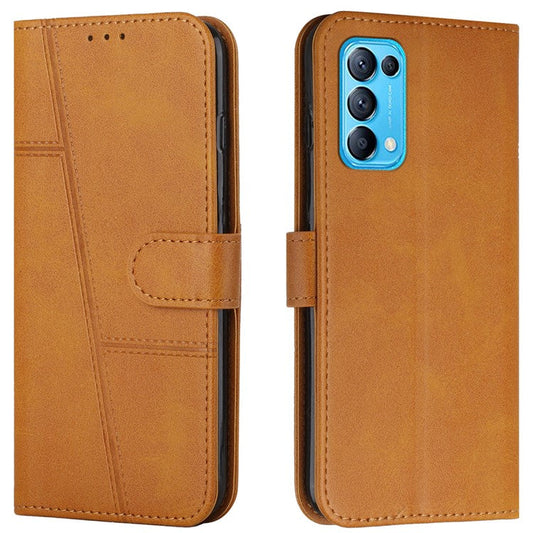 Stitching Lines Anti-fingerprint PU Leather Phone Protector Stand Wallet Cover Case for Oppo Reno5 4G/5G/Reno5 K/Find X3 Lite - Yellow