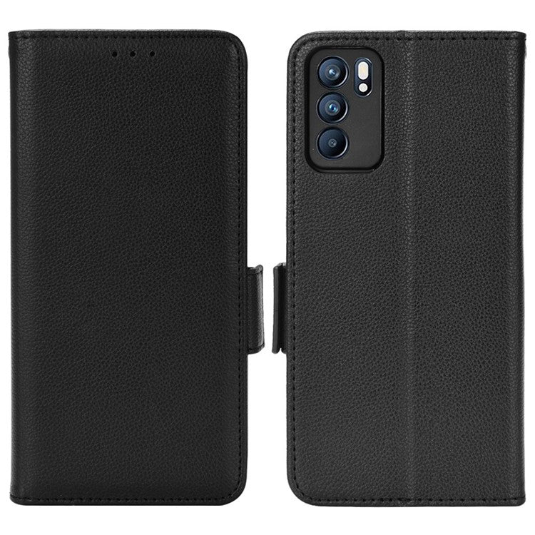 Litchi Texture PU Leather Stand Wallet Case Well-protected Double Magnetic Clasp Drop-proof Flip Cover for Oppo Reno6 5G - Black