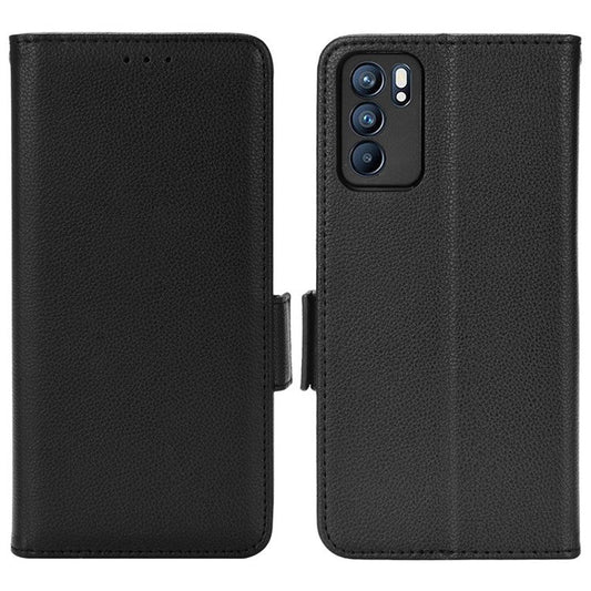 Litchi Texture PU Leather Stand Wallet Case Well-protected Double Magnetic Clasp Drop-proof Flip Cover for Oppo Reno6 5G - Black