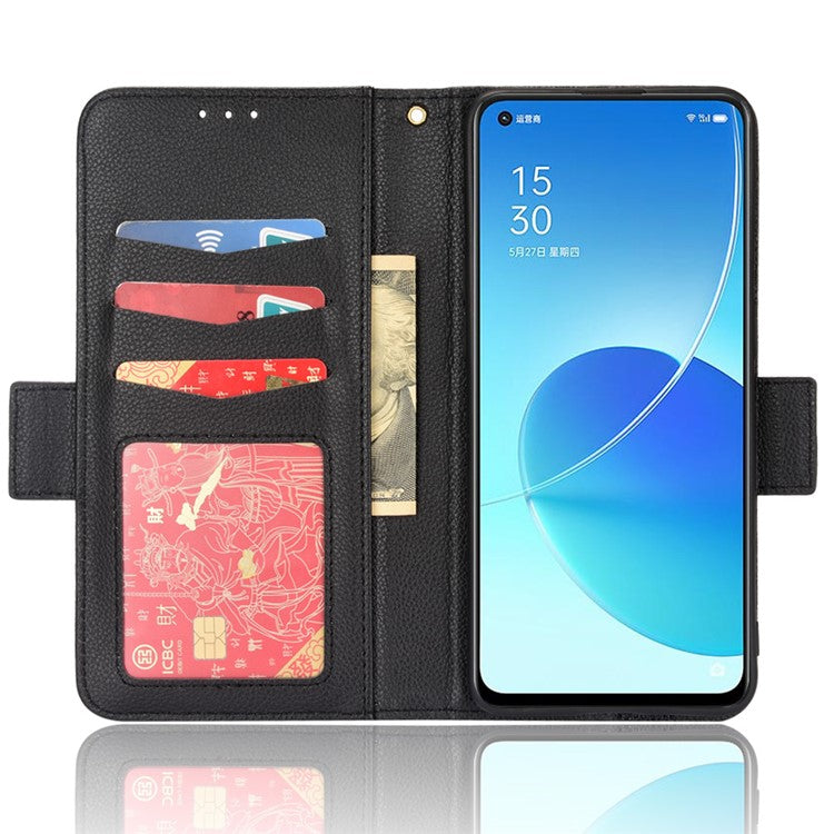 Litchi Texture PU Leather Stand Wallet Case Well-protected Double Magnetic Clasp Drop-proof Flip Cover for Oppo Reno6 5G - Black