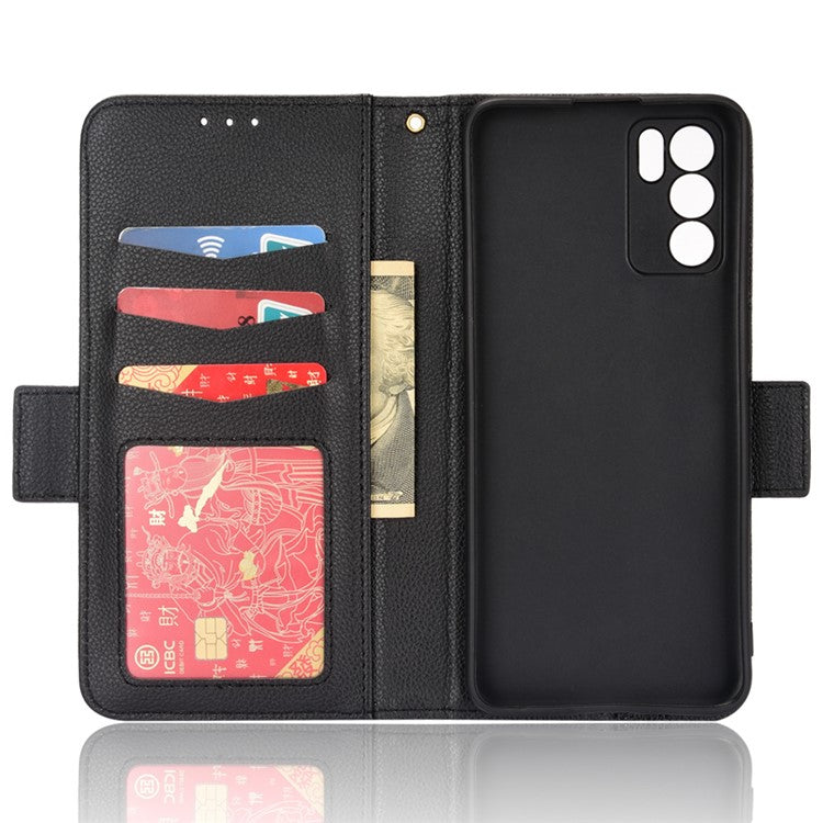 Litchi Texture PU Leather Stand Wallet Case Well-protected Double Magnetic Clasp Drop-proof Flip Cover for Oppo Reno6 5G - Black
