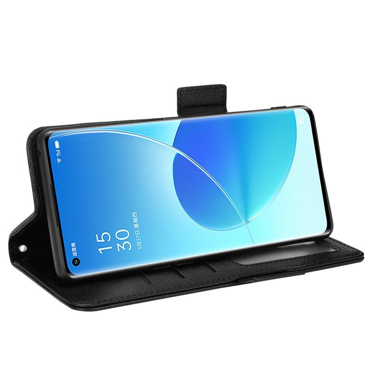 Well-protected Double Magnetic Clasp Litchi Texture PU Leather Stand Wallet Case Shell for Oppo Reno6 Pro+ 5G/Reno6 Pro 5G (Snapdragon) - Black