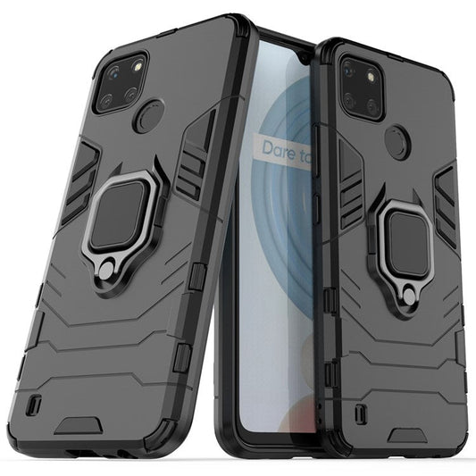 Anti-scratch Soft TPU + Hard PC Protective Case with Metal Ring Kickstand for Realme C21Y - Black