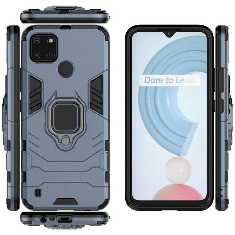Anti-scratch Soft TPU + Hard PC Protective Case with Metal Ring Kickstand for Realme C21Y - Blue