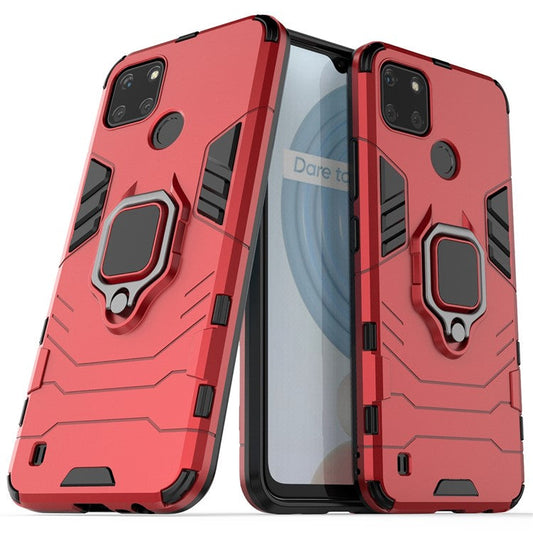 Anti-scratch Soft TPU + Hard PC Protective Case with Metal Ring Kickstand for Realme C21Y - Red