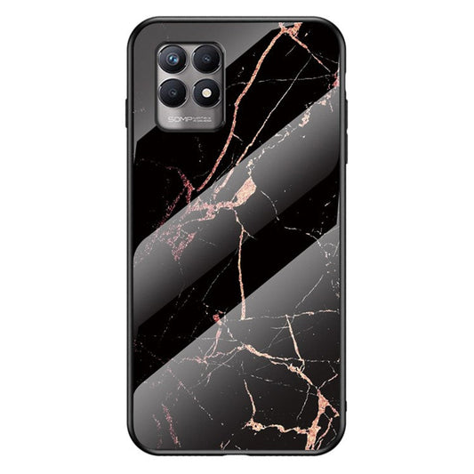 Anti-scratch Tempered Glass+TPU Phone Back Shell Lightweight Thin Marble Pattern Case Cover for Realme 8i/Narzo 50 4G - Gold Black Marble