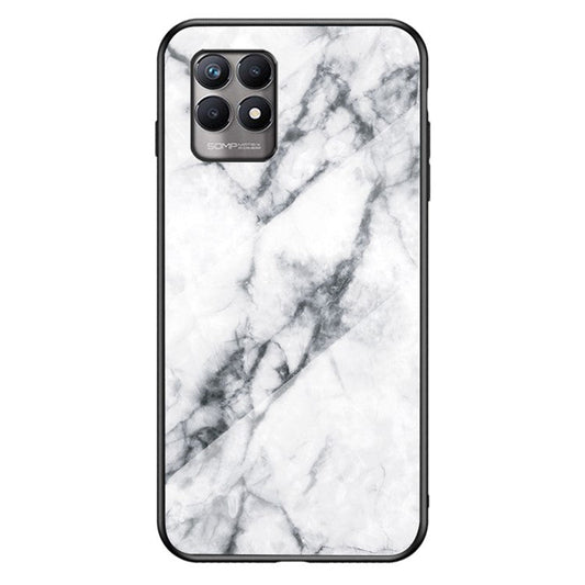 Anti-scratch Tempered Glass+TPU Phone Back Shell Lightweight Thin Marble Pattern Case Cover for Realme 8i/Narzo 50 4G - White Marble