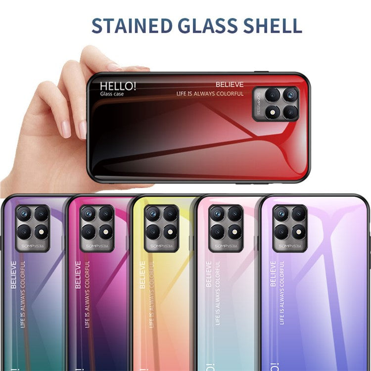 Light Thin Anti-fingerprint Gradient Color Tempered Glass Hybrid Cover Phone Case for Realme 8i/Narzo 50 4G - Gradient Pink Purple