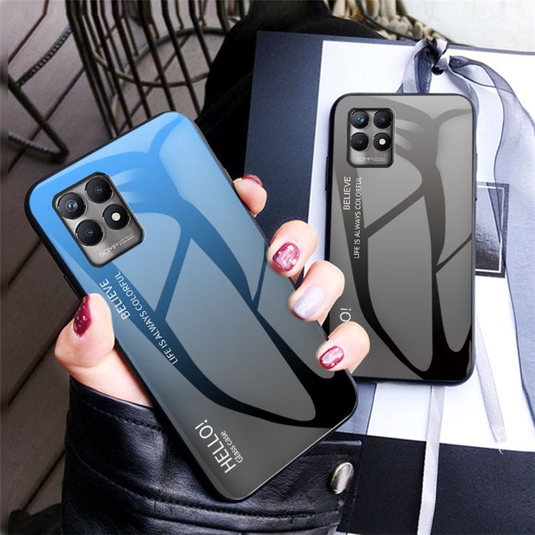 Light Thin Anti-fingerprint Gradient Color Tempered Glass Hybrid Cover Phone Case for Realme 8i/Narzo 50 4G - Gradient Pink Purple