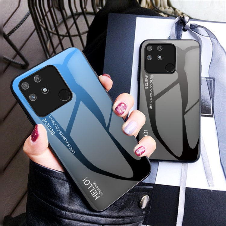 Anti-fingerprint Anti-scratch Gradient Color Tempered Glass Hybrid Cover Phone Case for Realme Narzo 50A - Gradient Blue Black