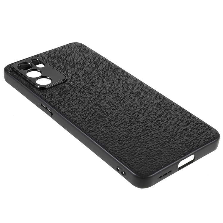 Litchi Texture Genuine Leather Coating TPU + PC Shockproof Phone Case Cover for Oppo Reno6 5G - Black