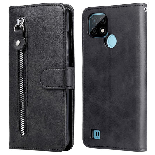 Shockproof Anti-scratch Phone Covering PU Leather Zippered Pocket Phone Case Coin Wallet Stand Folding Case for Realme C21Y/C21/C25Y - Black
