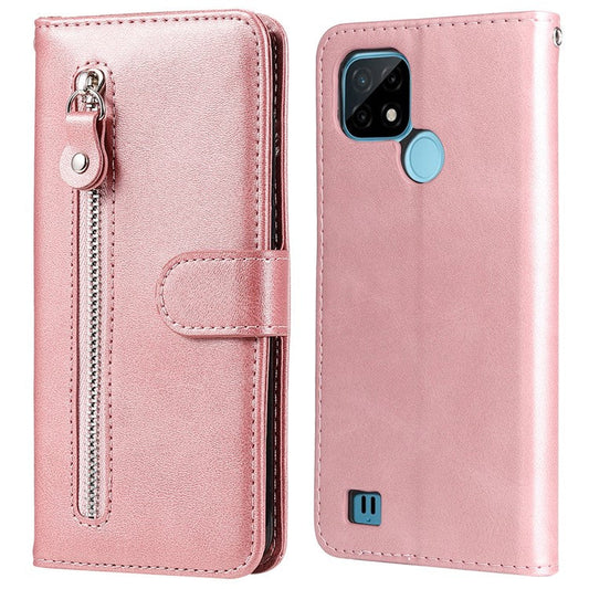 Shockproof Anti-scratch Phone Covering PU Leather Zippered Pocket Phone Case Coin Wallet Stand Folding Case for Realme C21Y/C21/C25Y - Rose Gold