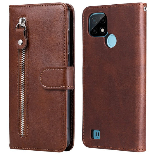 Shockproof Anti-scratch Phone Covering PU Leather Zippered Pocket Phone Case Coin Wallet Stand Folding Case for Realme C21Y/C21/C25Y - Brown