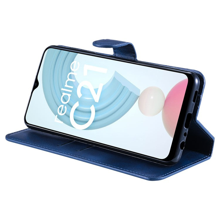 Textured Auto-absorbed Leather Case Magnetic Mobile Phone Full Protective Wallet Cover with Stand for Realme C21Y/C21/C25Y - Blue