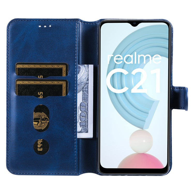 Textured Auto-absorbed Leather Case Magnetic Mobile Phone Full Protective Wallet Cover with Stand for Realme C21Y/C21/C25Y - Blue
