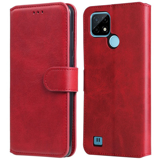 Textured Auto-absorbed Leather Case Magnetic Mobile Phone Full Protective Wallet Cover with Stand for Realme C21Y/C21/C25Y - Red