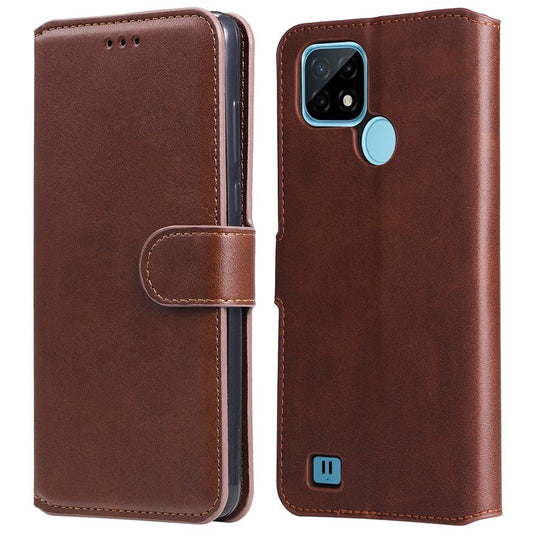 Textured Auto-absorbed Leather Case Magnetic Mobile Phone Full Protective Wallet Cover with Stand for Realme C21Y/C21/C25Y - Brown