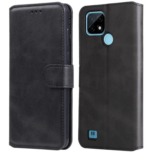 Textured Auto-absorbed Leather Case Magnetic Mobile Phone Full Protective Wallet Cover with Stand for Realme C21Y/C21/C25Y - Black