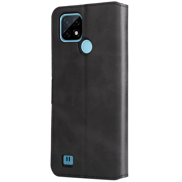 Textured Auto-absorbed Leather Case Magnetic Mobile Phone Full Protective Wallet Cover with Stand for Realme C21Y/C21/C25Y - Black