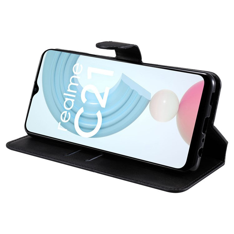 Textured Auto-absorbed Leather Case Magnetic Mobile Phone Full Protective Wallet Cover with Stand for Realme C21Y/C21/C25Y - Black