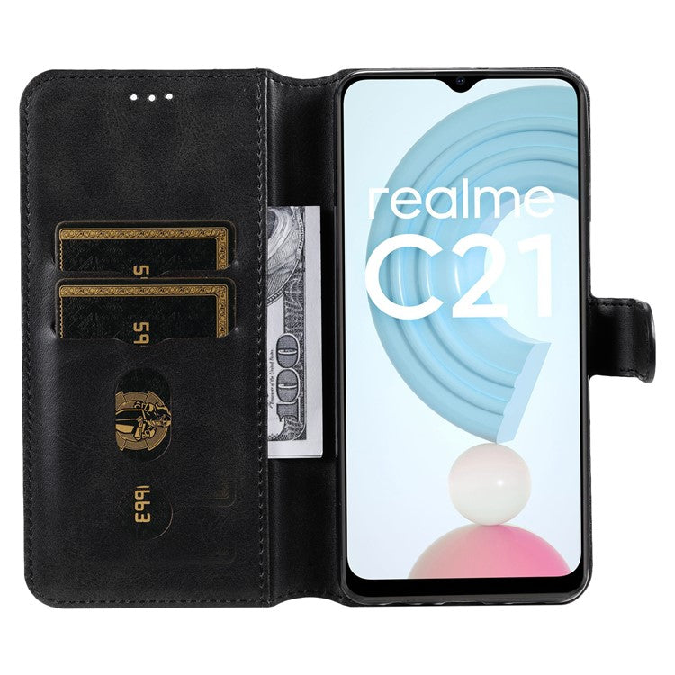 Textured Auto-absorbed Leather Case Magnetic Mobile Phone Full Protective Wallet Cover with Stand for Realme C21Y/C21/C25Y - Black