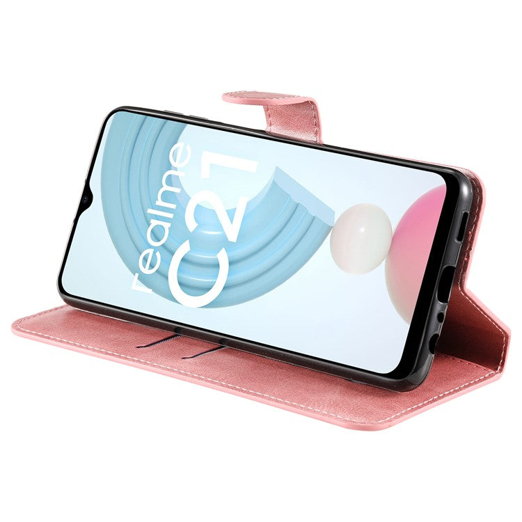 Textured Auto-absorbed Leather Case Magnetic Mobile Phone Full Protective Wallet Cover with Stand for Realme C21Y/C21/C25Y - Rose Gold