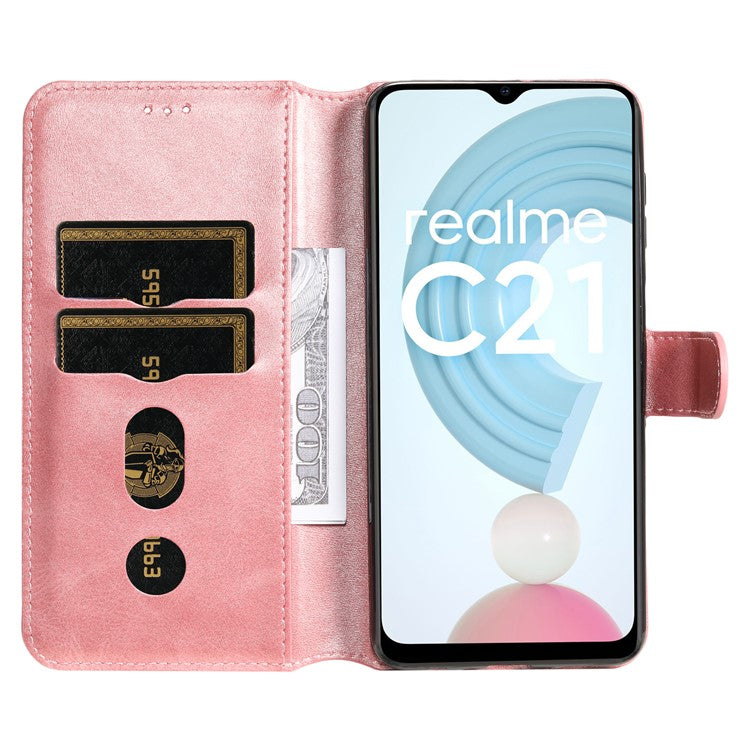 Textured Auto-absorbed Leather Case Magnetic Mobile Phone Full Protective Wallet Cover with Stand for Realme C21Y/C21/C25Y - Rose Gold