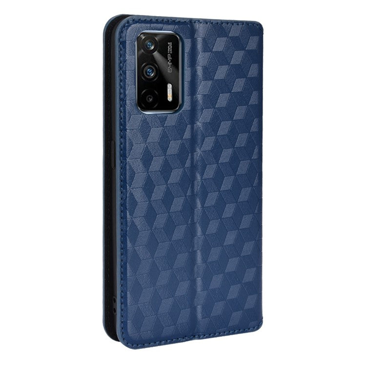 Stand Wallet Design Well-protected 3D Rhombus Imprinting Leather Phone Case Cover for Realme GT Neo2T 5G/GT 5G/GT Neo 5G/Q3 Pro 5G - Blue