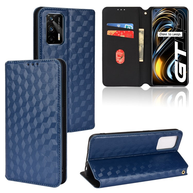 Stand Wallet Design Well-protected 3D Rhombus Imprinting Leather Phone Case Cover for Realme GT Neo2T 5G/GT 5G/GT Neo 5G/Q3 Pro 5G - Blue