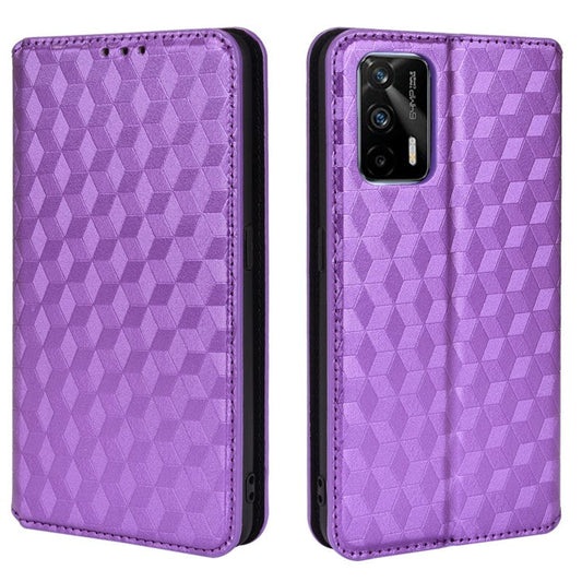 Stand Wallet Design Well-protected 3D Rhombus Imprinting Leather Phone Case Cover for Realme GT Neo2T 5G/GT 5G/GT Neo 5G/Q3 Pro 5G - Purple