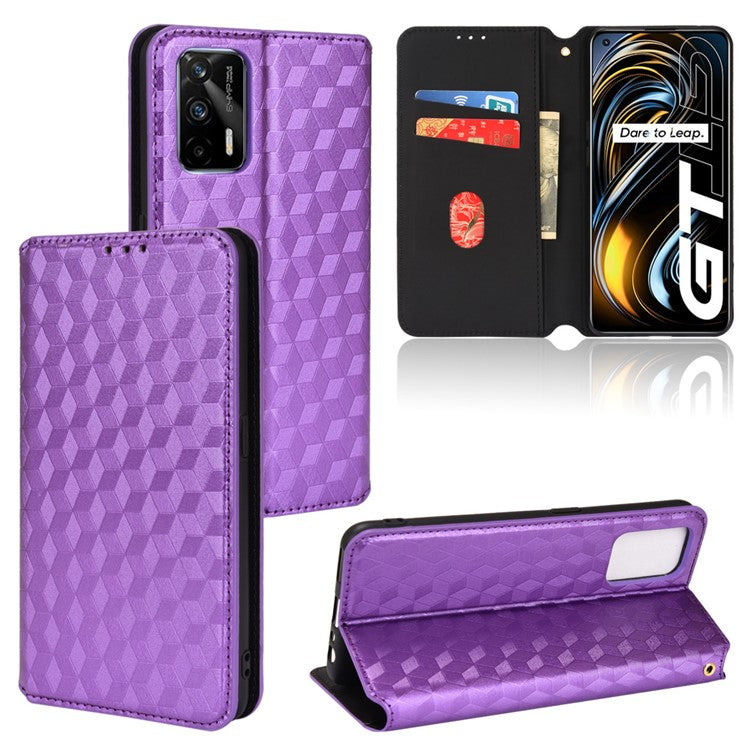 Stand Wallet Design Well-protected 3D Rhombus Imprinting Leather Phone Case Cover for Realme GT Neo2T 5G/GT 5G/GT Neo 5G/Q3 Pro 5G - Purple