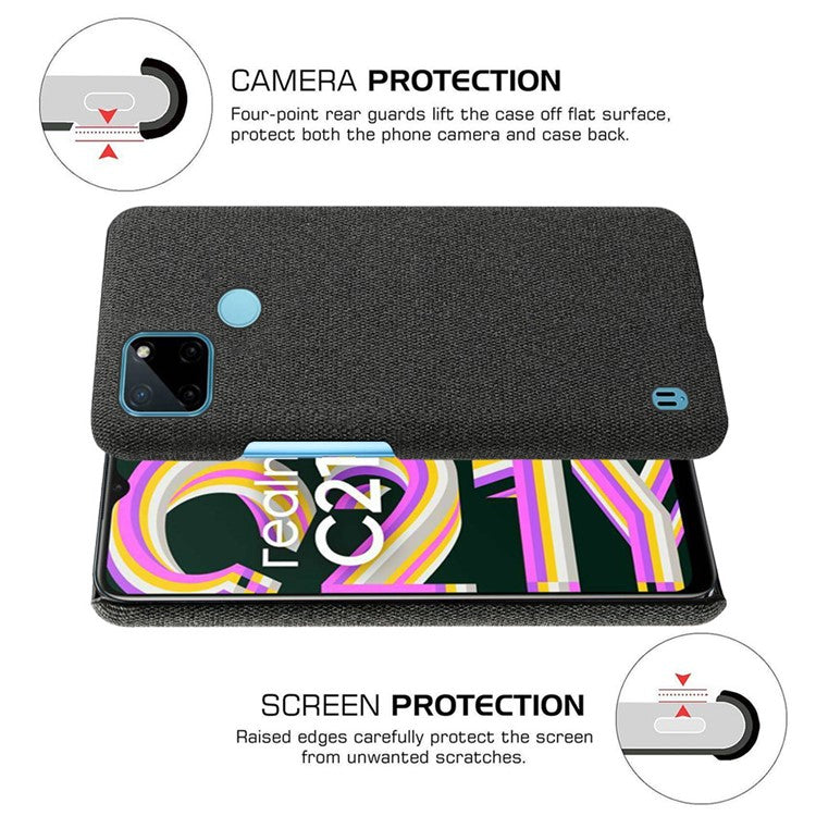 Dual-layer Protection Phone Bag Case Anti-fingerprint Cloth + PC Phone Case Shell for Realme C21Y / Realme C25Y - Black