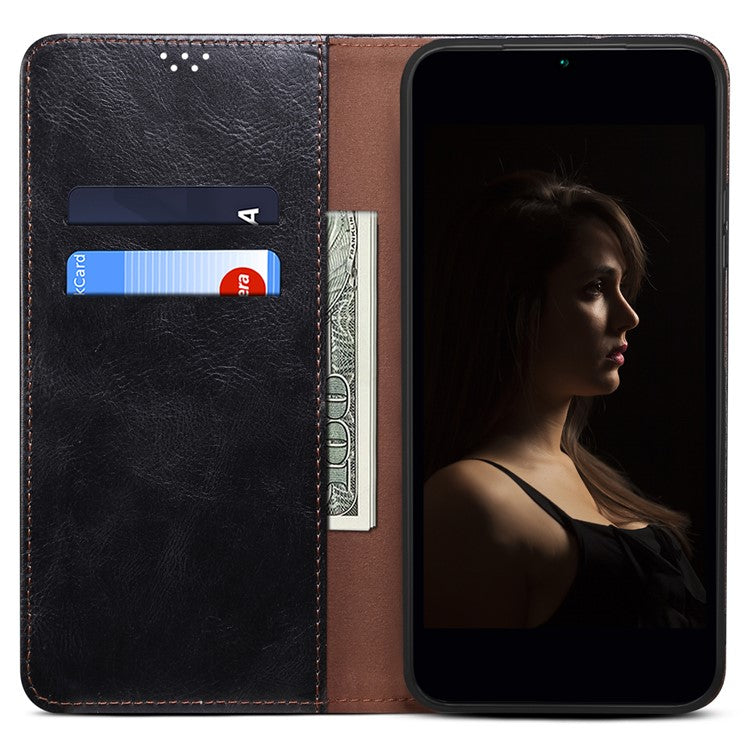 Magnetic Absorption Waxy Crazy Horse Texture PU Leather Wallet Case Stand Phone Cover for Oppo A35/A15/A15s - Black