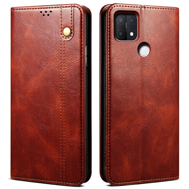 Magnetic Absorption Waxy Crazy Horse Texture PU Leather Wallet Case Stand Phone Cover for Oppo A35/A15/A15s - Brown